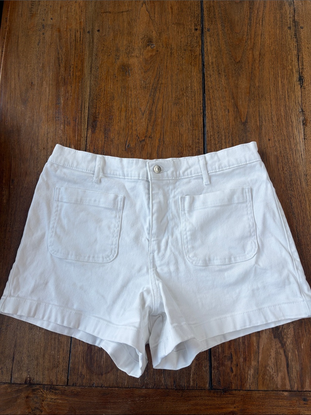 High-Rise White Denim Shorts with Front Patch Pockets